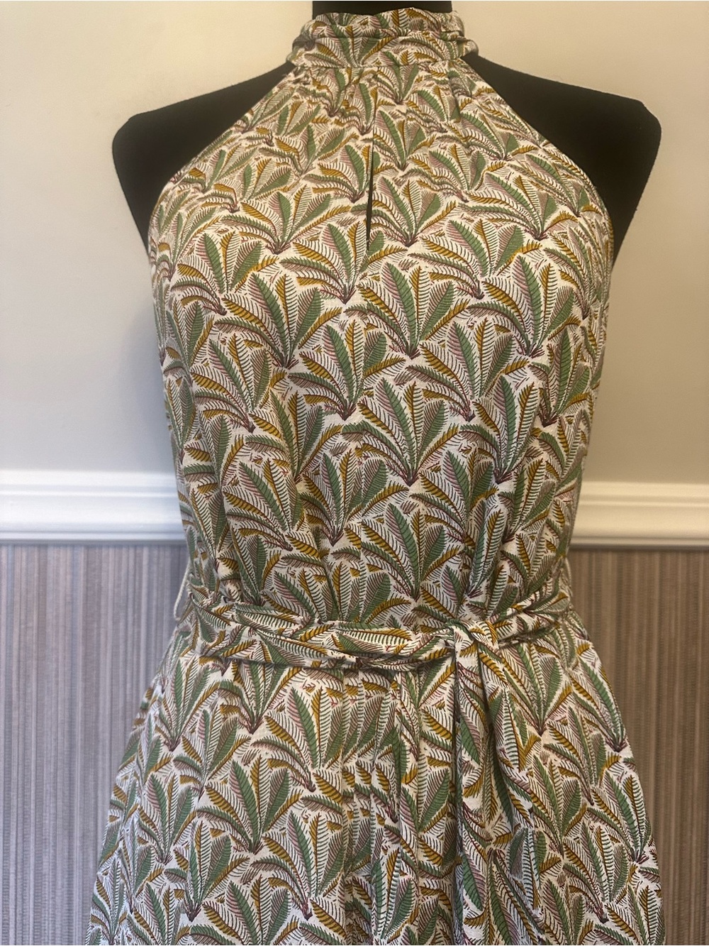 Anthropologie Botanical Halter Dress XS Tie Waist Lined A-Line Dress - Picture 5 of 12